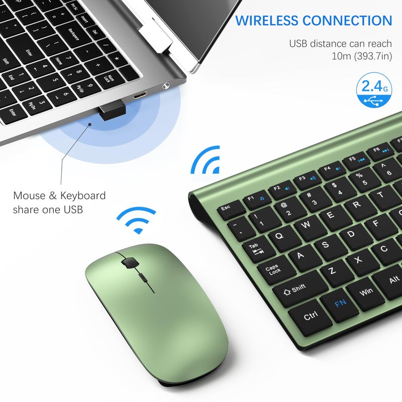 TopMate Wireless Keyboard and Mouse Ultra Slim Combo, TopMate 2.4G Silent Compact USB 2400DPI Mouse and Scissor Switch Keyboard Set with Cover, Batteries Included, for PC/Laptop/Windows/Mac - Green Black - Image 3