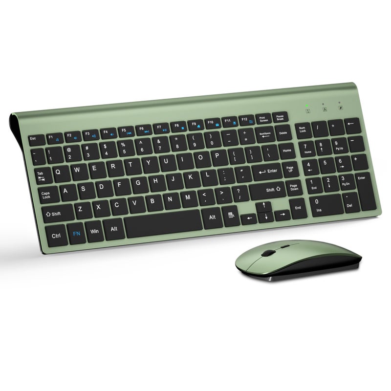 TopMate Wireless Keyboard and Mouse Ultra Slim Combo, TopMate 2.4G Silent Compact USB 2400DPI Mouse and Scissor Switch Keyboard Set with Cover, Batteries Included, for PC/Laptop/Windows/Mac - Green Black - Image 1