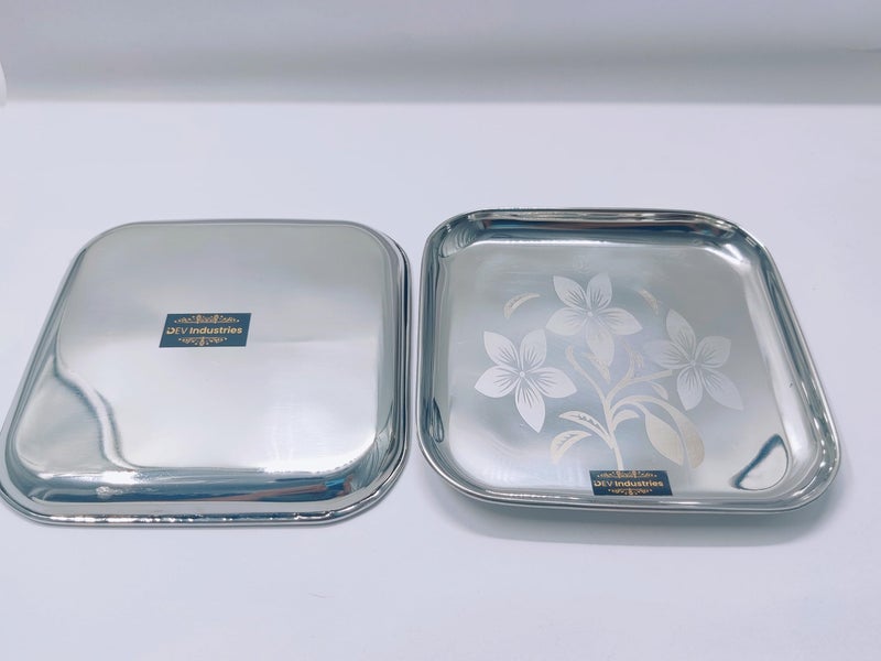 DEV INDUSTRIES Stainless Steel Multi Purpose Square Shape Floral Design Steel Quarter Service Plates ((00 No.) (18cm), Pack of 6) - Image 3