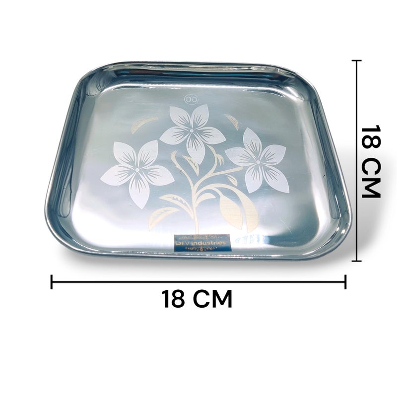 DEV INDUSTRIES Stainless Steel Multi Purpose Square Shape Floral Design Steel Quarter Service Plates ((00 No.) (18cm), Pack of 6) - Image 2