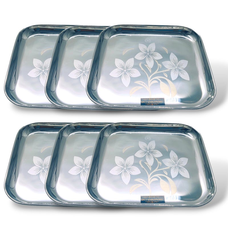DEV INDUSTRIES Stainless Steel Multi Purpose Square Shape Floral Design Steel Quarter Service Plates ((00 No.) (18cm), Pack of 6) - Image 1