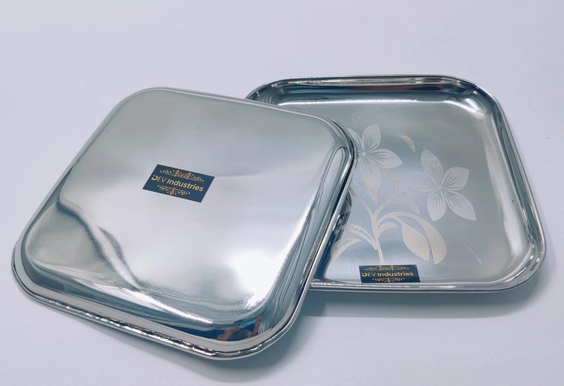 DEV INDUSTRIES Stainless Steel Multi Purpose Square Shape Floral Design Steel Quarter Service Plates ((00 No.) (18cm), Pack of 6) - Image 4