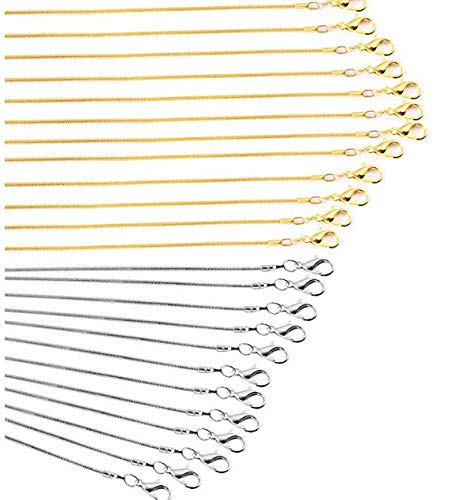 Forise 24 Pcs Gold Plated and Silver Plated 12 mm Snake Chains Necklace with Lobster Clasps for Jewelry Making18 Inch and 20 Inch