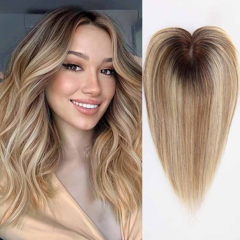 HAIRCUBE Hair Toppers for Women with Thinning hair Ombre light blonde 100 Real Human Hair Toppers for Women No bangs Human Hair Toppers with 3 Clips Swiss Lace Base HandTied 14inch