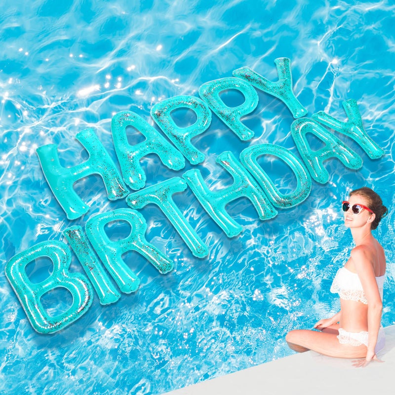 Shappy Turquoise 20 Happy Birthday Pool Large Floating Letter Balloons with Adhesive Dots Inflatable Pool Decorations for Summer Birthday Party Sequins - Image 2