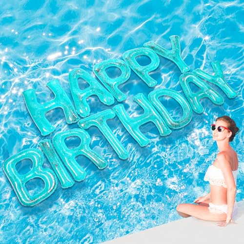 Shappy Turquoise 20 Happy Birthday Pool Large Floating Letter Balloons with Adhesive Dots Inflatable Pool Decorations for Summer Birthday Party Sequins - Image 1