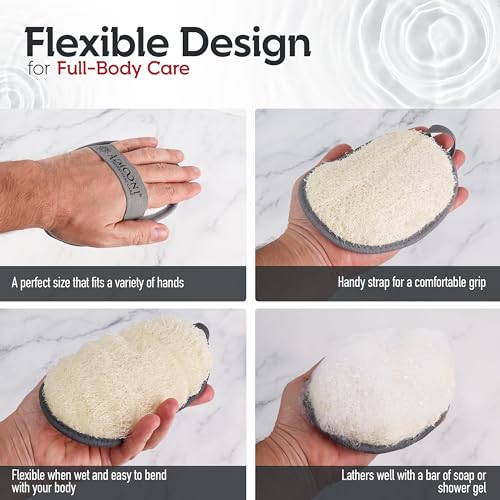Almooni Natural Exfoliating Loofah for Men, Lightly Abrasive Egyptian Loofah Body Scrubber for Men, Dual-Sided with Cotton Back, Hand Strap, Gray, 2-Count - Image 3