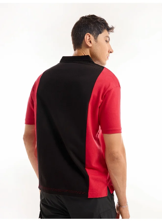 Beyoung Red Cut And Sew Polo T-shirt For Men