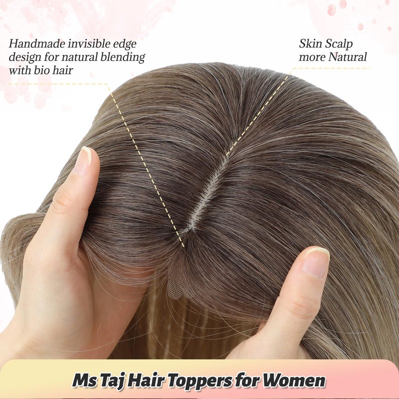 Ms Taj Hair Topper 12 Inch Hair Toppers for Women with Thinning Hair 6.5"x6.5" Large Base Synthetic Hair Topper with Bangs Fiber Wiglets Ladies Toppers Hair Pieces for Women-Ombre Dark Blonde - Image 5