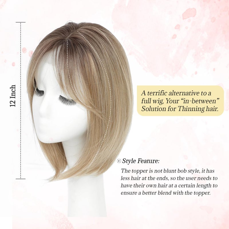 Ms Taj Hair Topper 12 Inch Hair Toppers for Women with Thinning Hair 6.5"x6.5" Large Base Synthetic Hair Topper with Bangs Fiber Wiglets Ladies Toppers Hair Pieces for Women-Ombre Dark Blonde - Image 3
