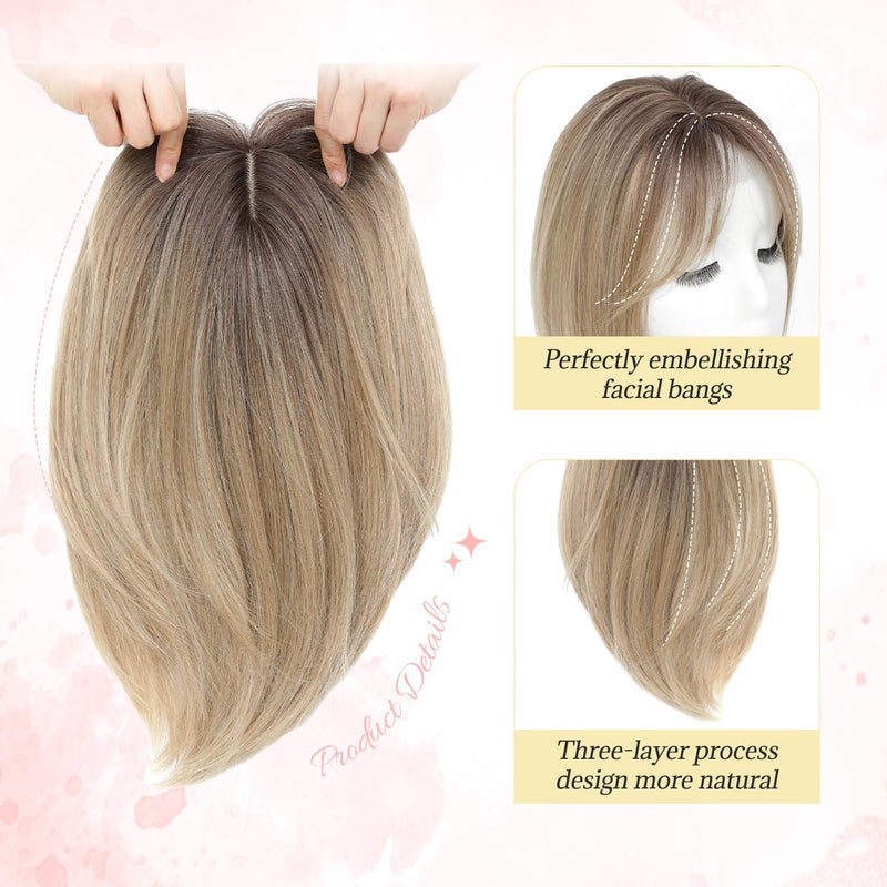 Ms Taj Hair Topper 12 Inch Hair Toppers for Women with Thinning Hair 6.5"x6.5" Large Base Synthetic Hair Topper with Bangs Fiber Wiglets Ladies Toppers Hair Pieces for Women-Ombre Dark Blonde - Image 4