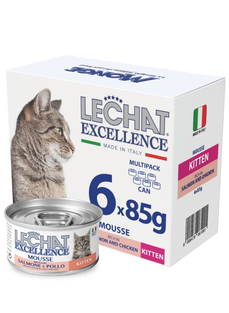 Monge Lechat Excellence by Monge | Kitten Wet Food Rich in Salmon and Chicken | Super Premium Complete Wet Kitten Food | Mousse in Can | Pack of 6 pcs - Image 1