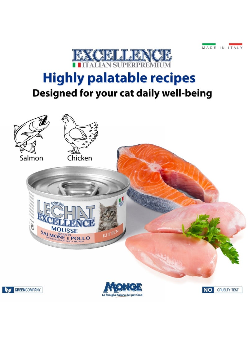 Monge Lechat Excellence by Monge | Kitten Wet Food Rich in Salmon and Chicken | Super Premium Complete Wet Kitten Food | Mousse in Can | Pack of 6 pcs - Image 3