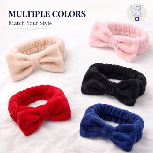 BLUE BEADS Soft Bow Spa Headband for Women – Hair Band for Face Wash, Skincare, Facial & Shower | Elastic Plush Headband for Girls | Spa & Beauty Routine Use (Random Colour, 2 Pcs) - Image 4