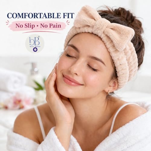 BLUE BEADS Soft Bow Spa Headband for Women – Hair Band for Face Wash, Skincare, Facial & Shower | Elastic Plush Headband for Girls | Spa & Beauty Routine Use (Random Colour, 2 Pcs) - Image 5