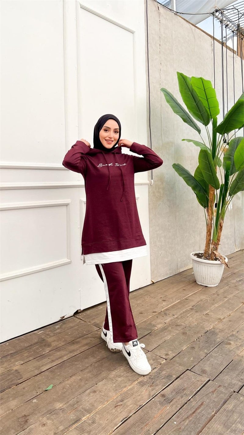 Bwest Text Printed Garni Detailed Hooded Short Sweat Pants Double Hijab Tracksuit Set - 03080 - Plum - Image 3