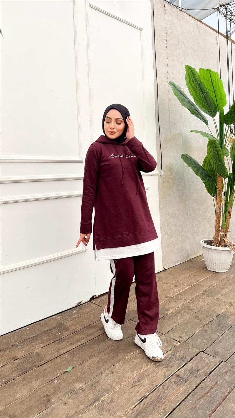 Bwest Text Printed Garni Detailed Hooded Short Sweat Pants Double Hijab Tracksuit Set - 03080 - Plum - Image 5