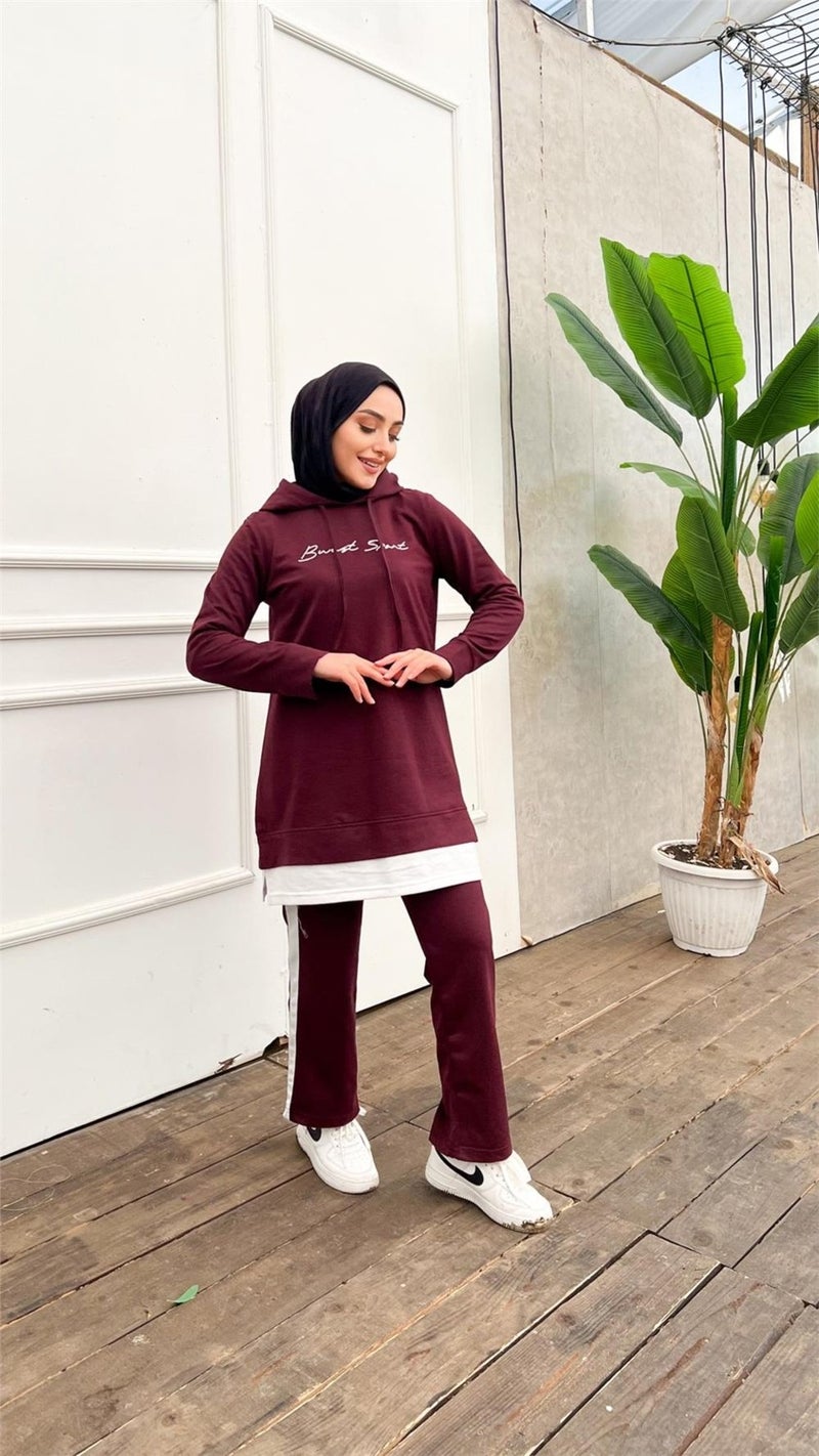 Bwest Text Printed Garni Detailed Hooded Short Sweat Pants Double Hijab Tracksuit Set - 03080 - Plum - Image 4