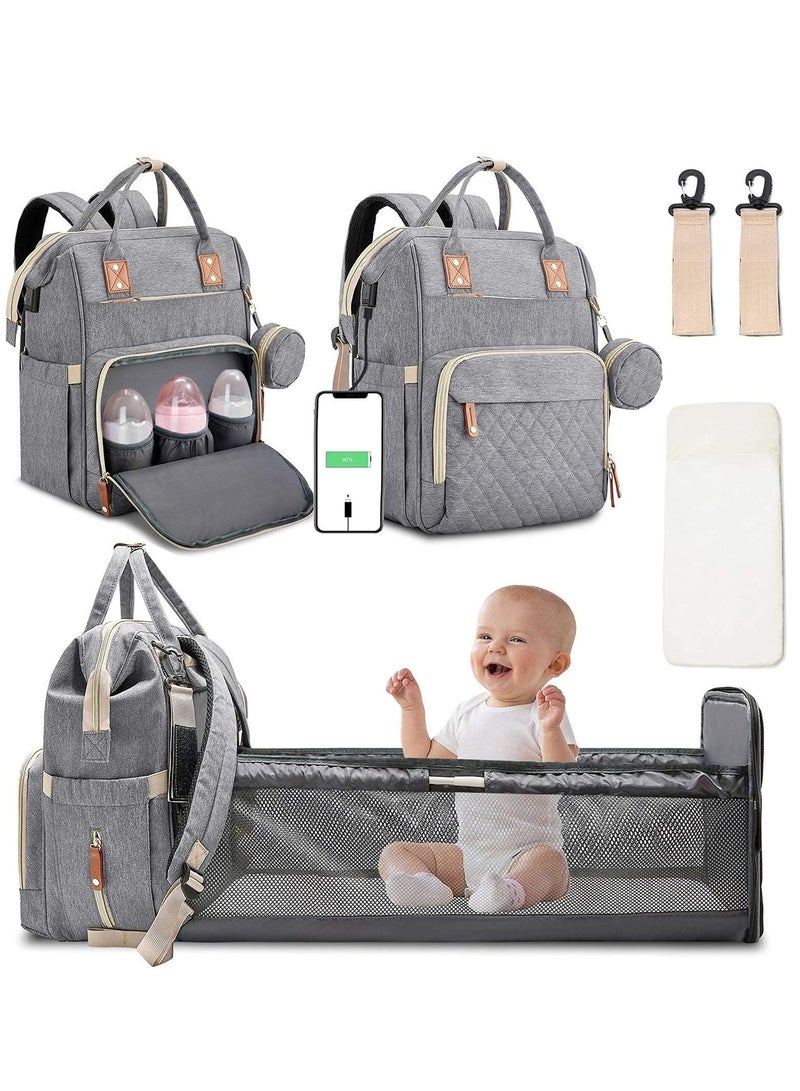 Arabest 3 in 1 Diaper Bag Backpack with Changing Station Portable Baby Bag Foldable Baby Bed Back Pack Travel Waterproof Large Travel Bag with USB, Stroller Straps, Insulated Pockets(Light Grey） - Image 1