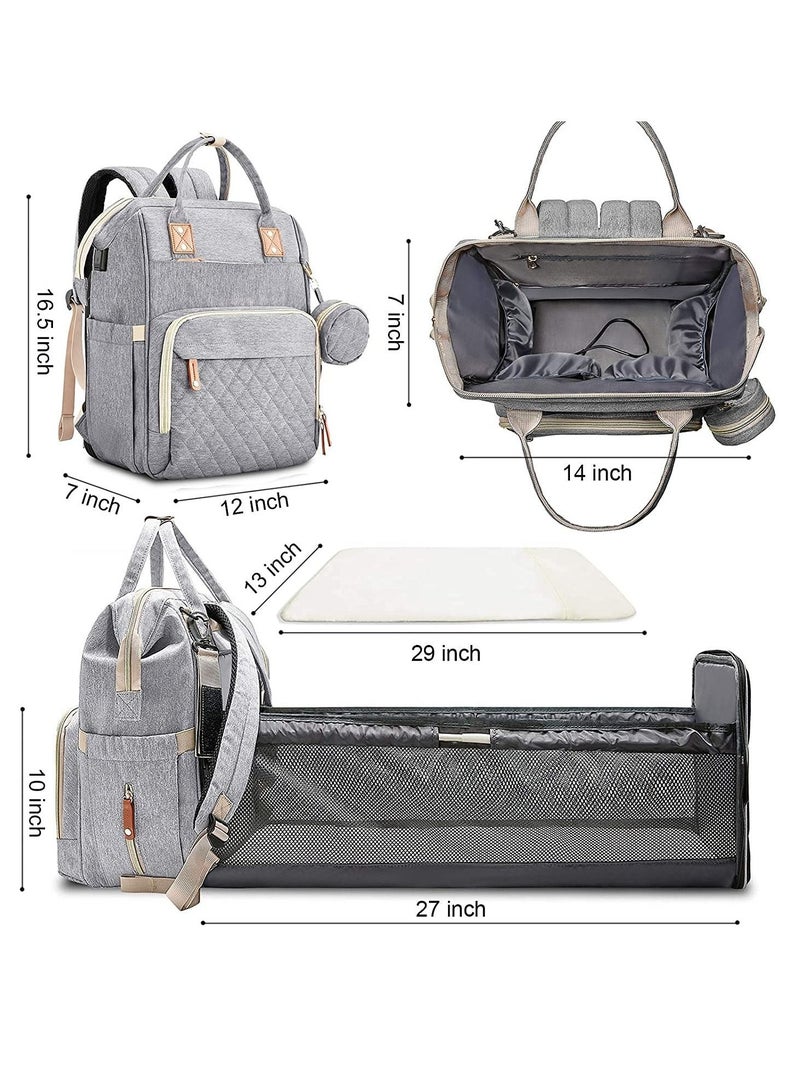 Arabest 3 in 1 Diaper Bag Backpack with Changing Station Portable Baby Bag Foldable Baby Bed Back Pack Travel Waterproof Large Travel Bag with USB, Stroller Straps, Insulated Pockets(Light Grey） - Image 5