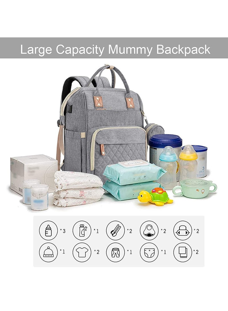 Arabest 3 in 1 Diaper Bag Backpack with Changing Station Portable Baby Bag Foldable Baby Bed Back Pack Travel Waterproof Large Travel Bag with USB, Stroller Straps, Insulated Pockets(Light Grey） - Image 2