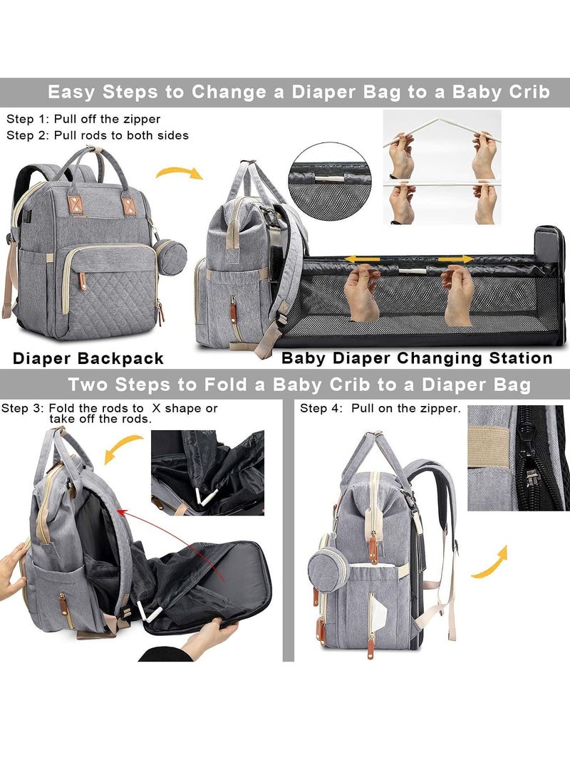 Arabest 3 in 1 Diaper Bag Backpack with Changing Station Portable Baby Bag Foldable Baby Bed Back Pack Travel Waterproof Large Travel Bag with USB, Stroller Straps, Insulated Pockets(Light Grey） - Image 4