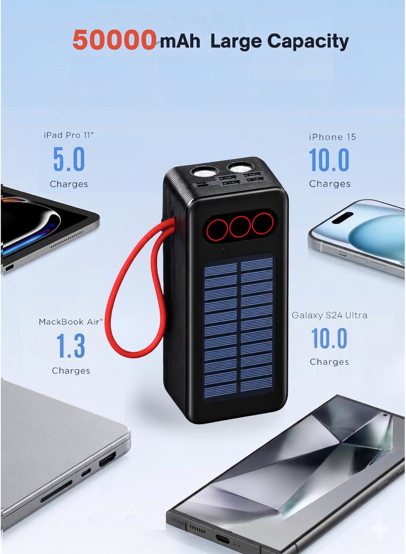 Levino 50000mAh Solar Power Bank 22.5W Fast Charging, 3 Built-in Cables, 4 USB Outputs, Type-C PD & Mini Port, Dual LED Lamp, Portable Emergency Charger for iPhone Samsung Huawei Xiaomi Oppo Vivo Android Tablets - Image 4