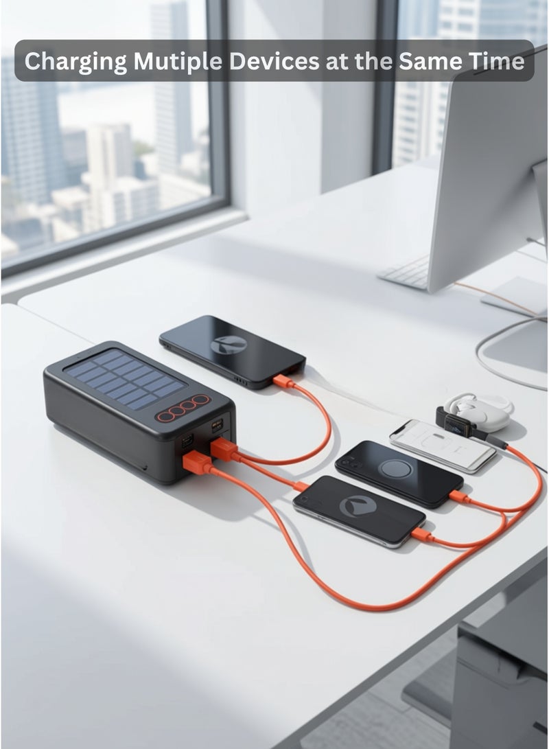 Levino 50000mAh Solar Power Bank 22.5W Fast Charging, 3 Built-in Cables, 4 USB Outputs, Type-C PD & Mini Port, Dual LED Lamp, Portable Emergency Charger for iPhone Samsung Huawei Xiaomi Oppo Vivo Android Tablets - Image 3