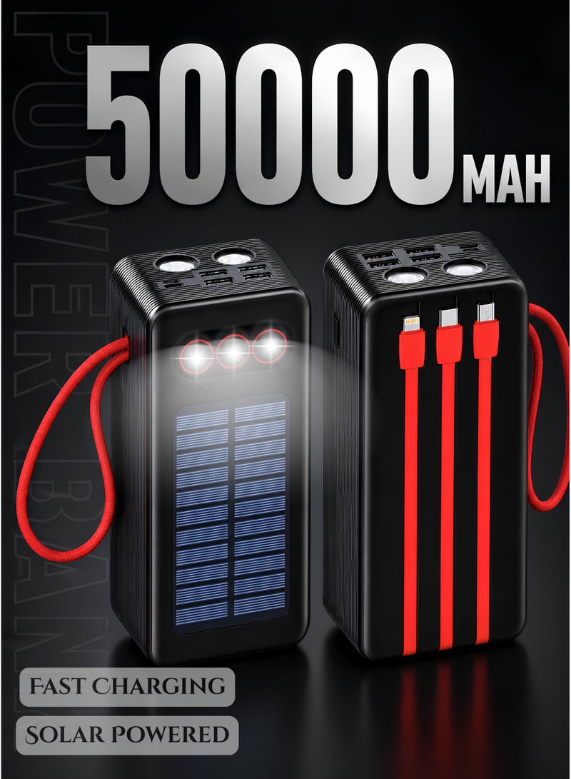 Levino 50000mAh Solar Power Bank 22.5W Fast Charging, 3 Built-in Cables, 4 USB Outputs, Type-C PD & Mini Port, Dual LED Lamp, Portable Emergency Charger for iPhone Samsung Huawei Xiaomi Oppo Vivo Android Tablets - Image 1