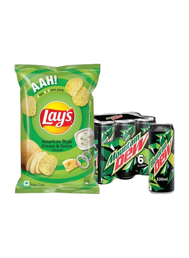 Mountain Dew رقائق بطاطس لاي بنكهة الكريمة والبصل على الطريقة الأمريكية استيراد هندي 80 جرام + علب مشروب غازي ماونتن ديو 330 مل عبوة من 6 - Image 1