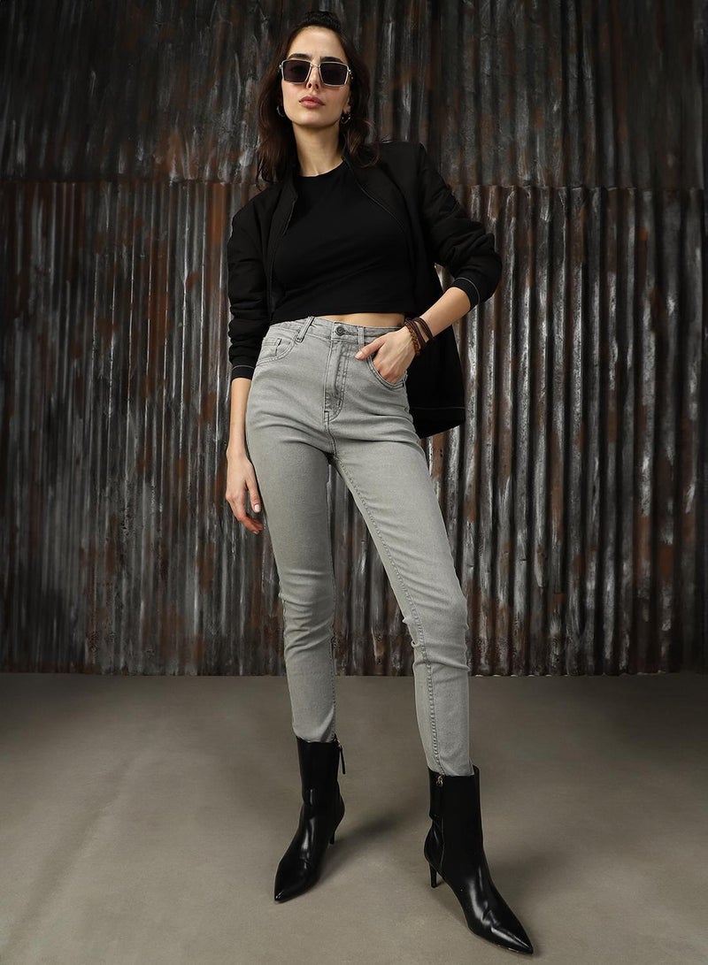 HIGH STAR Women's Grey Cotton Blend Distressed Jeans  - Image 1