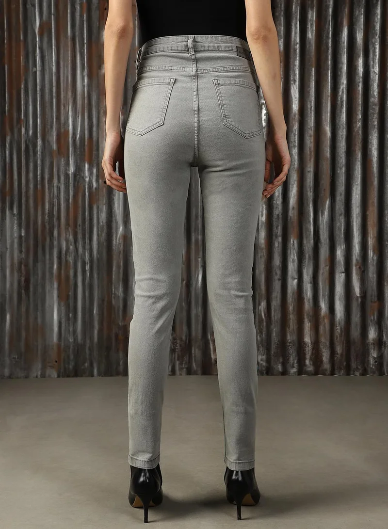 هاي ستار Women's Grey Cotton Blend Distressed Jeans