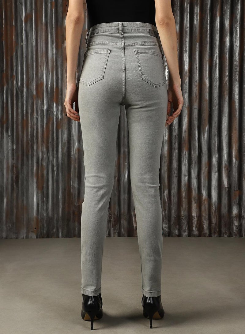 HIGH STAR Women's Grey Cotton Blend Distressed Jeans  - Image 3