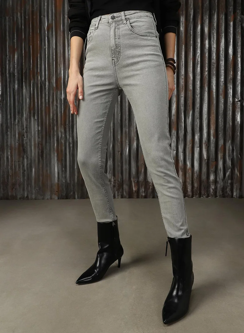 هاي ستار Women's Grey Cotton Blend Distressed Jeans