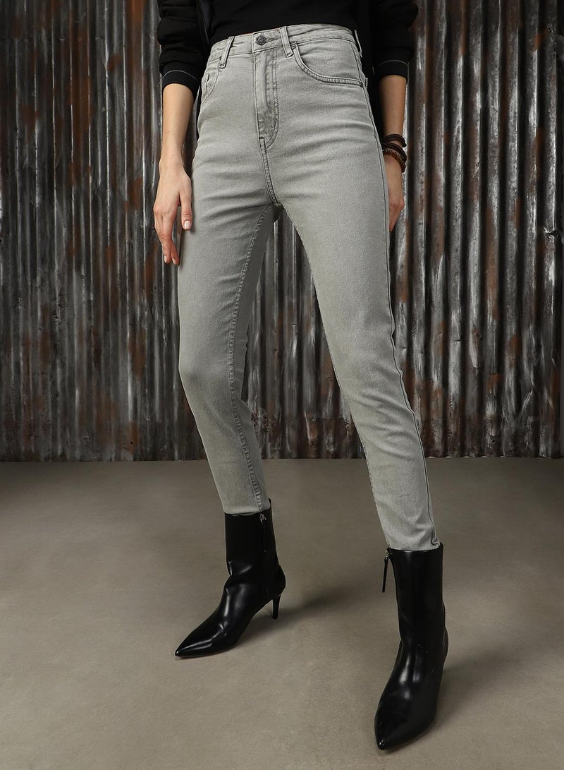 HIGH STAR Women's Grey Cotton Blend Distressed Jeans  - Image 5