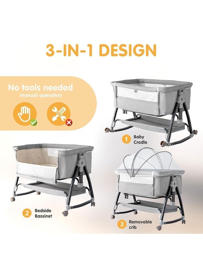 DUNISO Baby Bassinet, Bedside Bassinet for Baby, 6 Height Adjustable Baby Bed, 3 in 1 Bassinet Bedside Sleeper with Wheels, Baby Cradle， Mosquito Net, Portable Bedside Crib for Infant/Newborn - Image 4