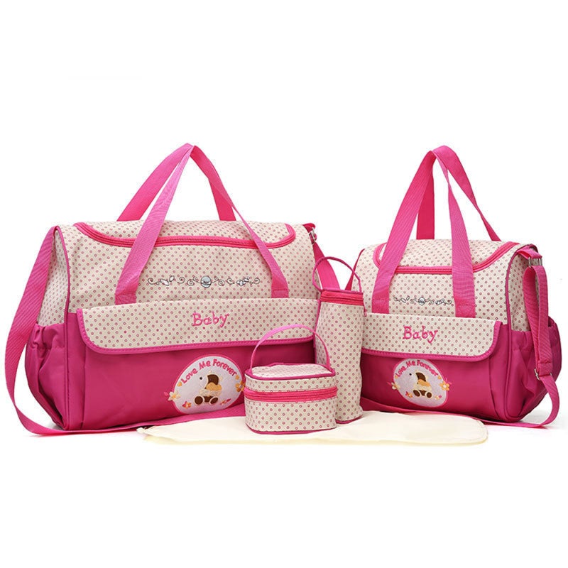 Diaper Bag Set 5-Piece Light Rose Cute Cartoon Pattern - Waterproof 900D Oxford Cloth Lightweight Diaper Bag for New Parents Hospital Travel Baby Essentials Storage - Image 1