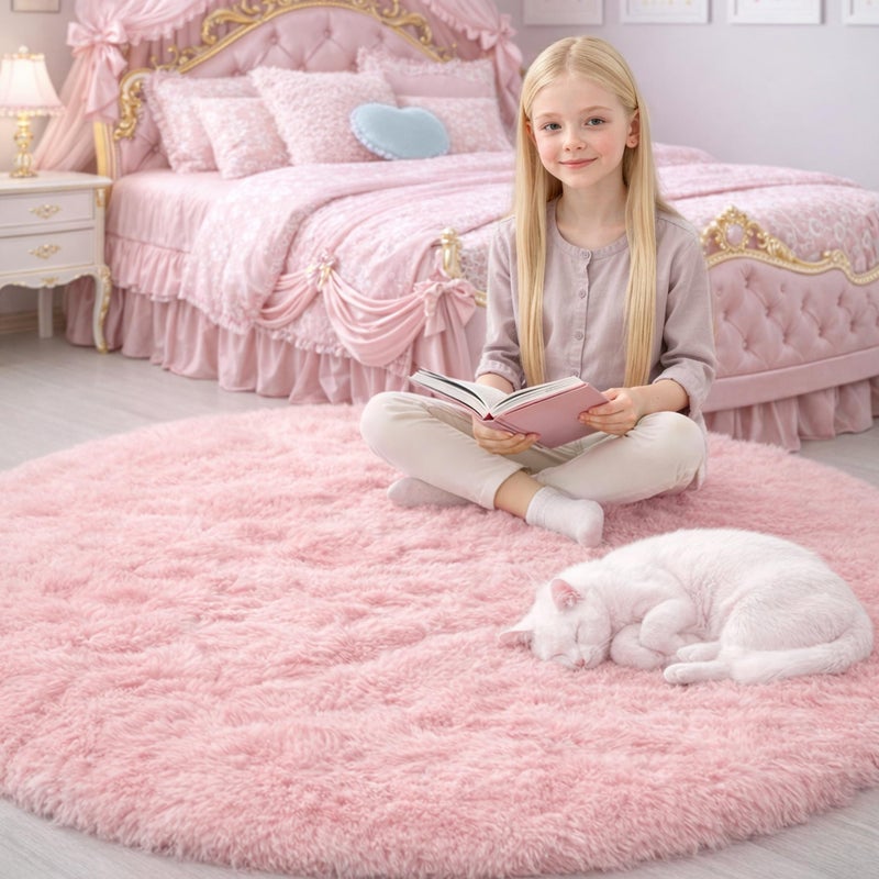 Amdrebio Pink Round Area Rugs 7Ft for Girls Bedroom Decor, Fluffy Large Circle Rug for Living Room, Kids Room, Teen, Fuzzy Plush Carpets for Baby Nursery, Dorm, Classroom, Big Indoor Kawaii Play Rug - Image 5