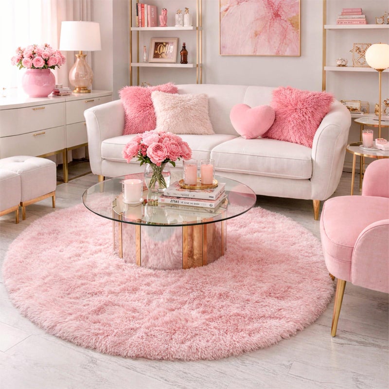 Amdrebio Pink Round Area Rugs 7Ft for Girls Bedroom Decor, Fluffy Large Circle Rug for Living Room, Kids Room, Teen, Fuzzy Plush Carpets for Baby Nursery, Dorm, Classroom, Big Indoor Kawaii Play Rug - Image 4