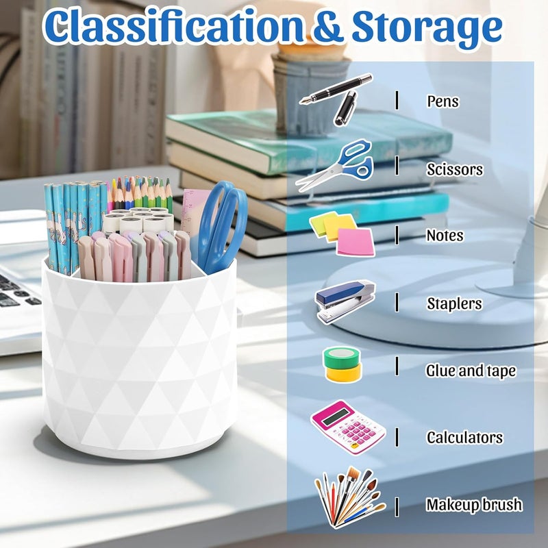 minimaliving Desk Organiser,Sparkling Diamond-like Pen Holder 360°Rotating Office Desk Accessories,Pen Pot with 5 Compartments Storage Box Caddy for Office,School,Home,Art Supply(White) - Image 3
