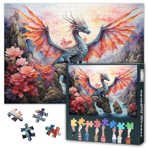 Rebotipy Dragon Jigsaw Puzzles for Adults 1000 Pieces Winged Dragon Puzzles Back No Dust Pink Landscape Home Decor Birthday Party Challenging Puzzles for Cognitive Workout 275 x 19670 50cm - Image 1