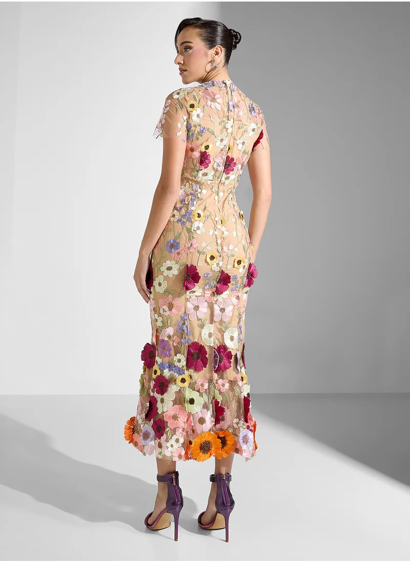 جينجر بوتيك Floral Applique Embellished Midi Dress