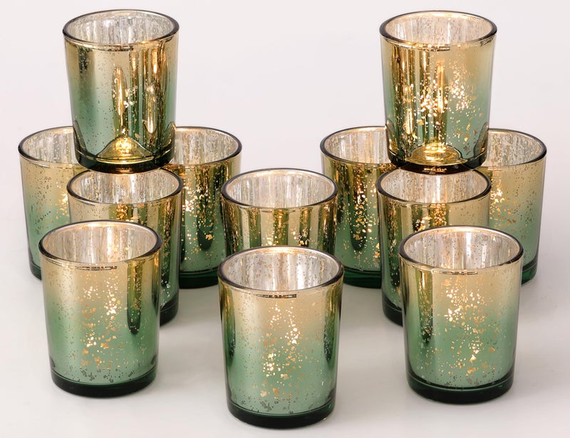 Volens Green Votive Candle Holders Set of 12, Speckles Mercury Glass Tealight Candle Holder Bulk for Table Wedding Centerpiece, Green and Gold Party Decorations & Home Decor - Image 1