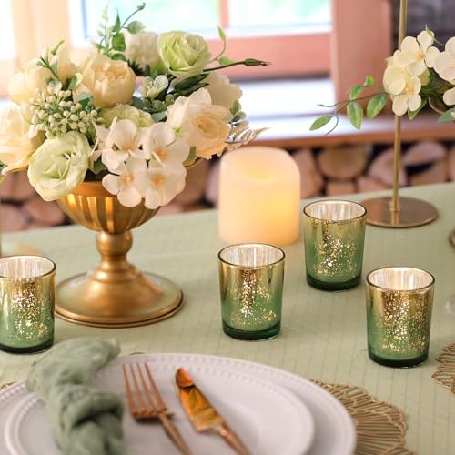 Volens Green Votive Candle Holders Set of 12, Speckles Mercury Glass Tealight Candle Holder Bulk for Table Wedding Centerpiece, Green and Gold Party Decorations & Home Decor - Image 3
