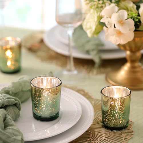 Volens Green Votive Candle Holders Set of 12, Speckles Mercury Glass Tealight Candle Holder Bulk for Table Wedding Centerpiece, Green and Gold Party Decorations & Home Decor - Image 4