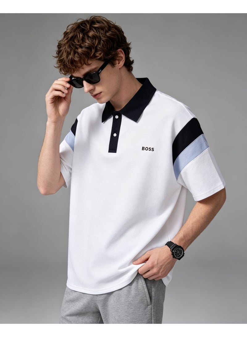 BOSS Unisex Color Block Short Sleeve Polo Shirt, White Base with Navy Collar, Casual Summer Lapel Top For Men Women, Oversized Trendy Daily Polo - Image 4