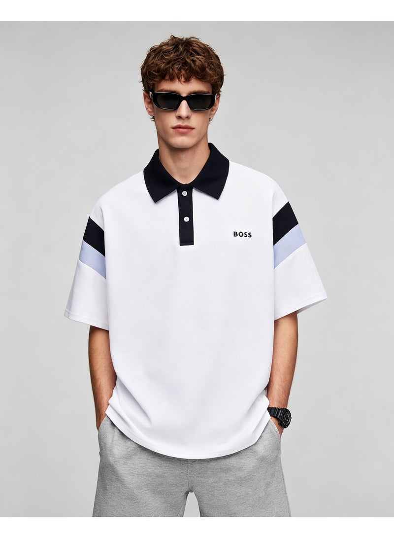 BOSS Unisex Color Block Short Sleeve Polo Shirt, White Base with Navy Collar, Casual Summer Lapel Top For Men Women, Oversized Trendy Daily Polo - Image 1