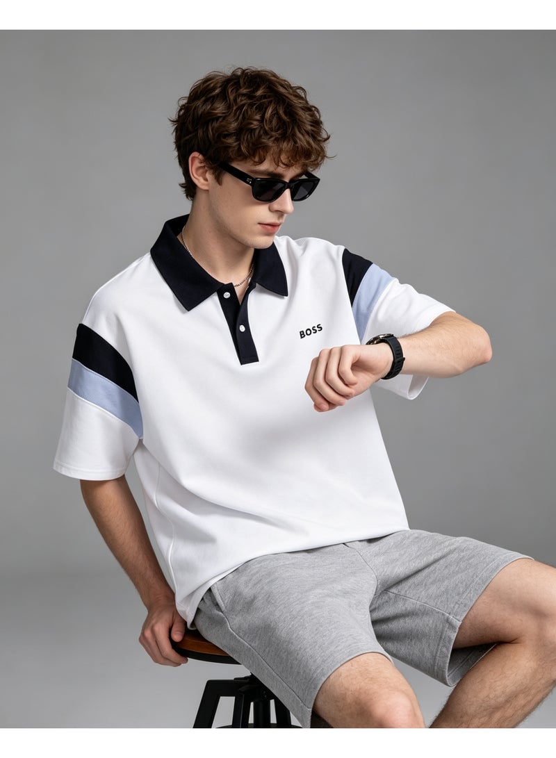 BOSS Unisex Color Block Short Sleeve Polo Shirt, White Base with Navy Collar, Casual Summer Lapel Top For Men Women, Oversized Trendy Daily Polo - Image 3