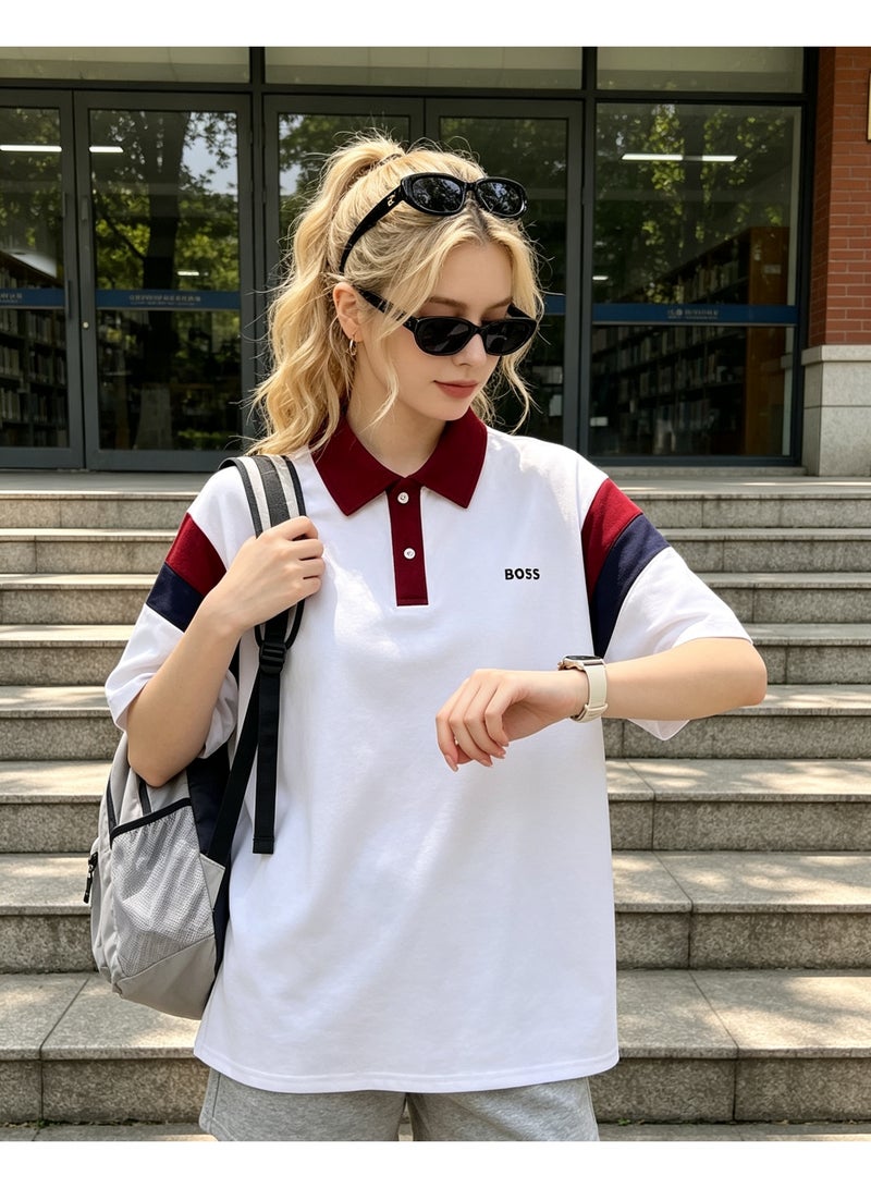 BOSS Unisex Color Block Short Sleeve Polo Shirt, White Base with Navy Collar, Casual Summer Lapel Top For Men Women, Oversized Trendy Daily Polo - Image 2