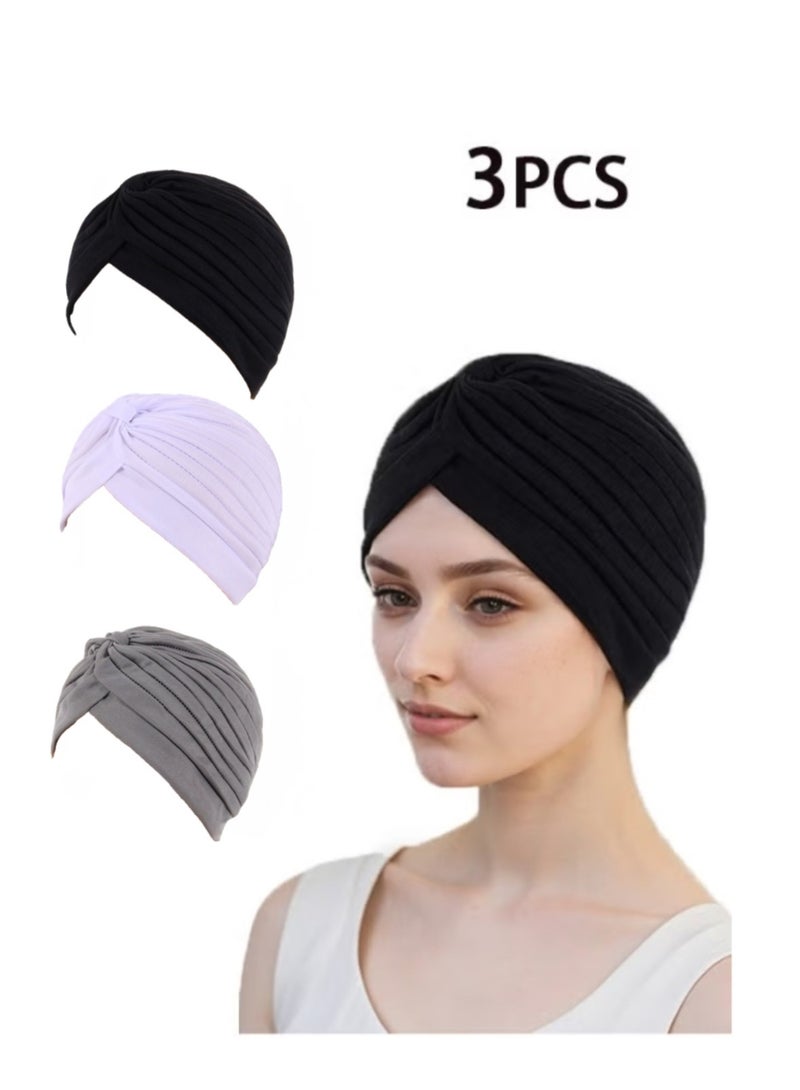 3 Pieces Turbans for Women Soft Turban Head Wrap Pleated Beanie Cap - Image 1